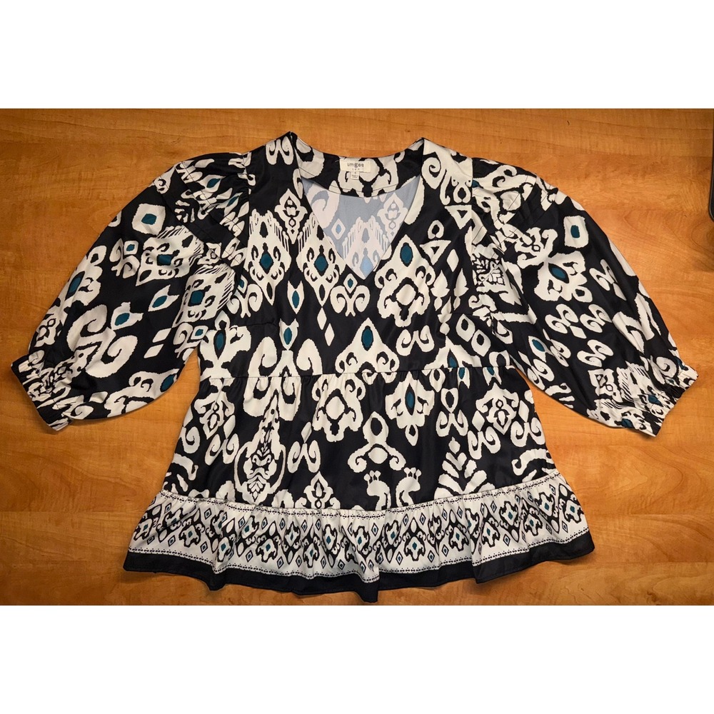 Umgee USA Black White Ikat Tunic Top V-Neck Puff Sleeve Babydoll Blouse Small